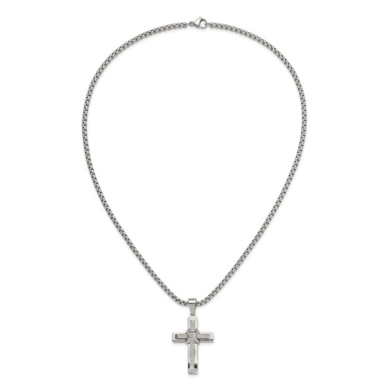 Chisel Stainless Steel Polished with CZ Cross Pendant on a 22 inch Box Chain Necklace