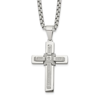 Chisel Stainless Steel Polished with CZ Cross Pendant on a 22 inch Box Chain Necklace