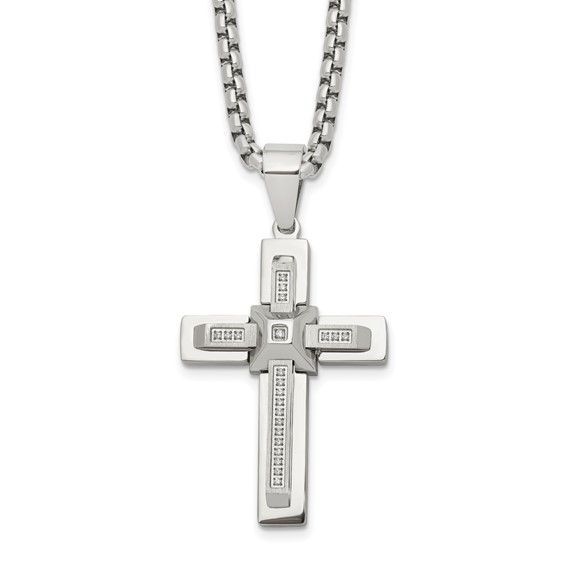 Chisel Stainless Steel Polished with CZ Cross Pendant on a 22 inch Box Chain Necklace