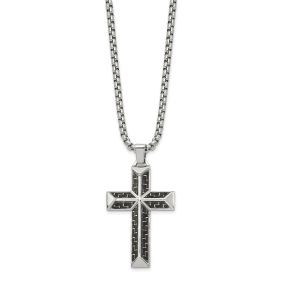 Chisel Stainless Steel Polished with Black Carbon Fiber Inlay Cross Pendant on a 22 inch Box Chain Necklace