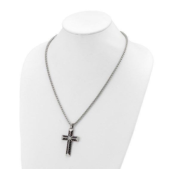 Chisel Stainless Steel Polished with Black Carbon Fiber Inlay Cross Pendant on a 22 inch Box Chain Necklace