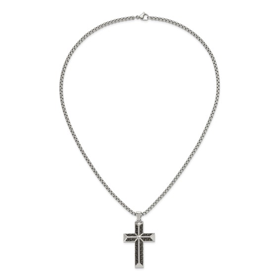 Chisel Stainless Steel Polished with Black Carbon Fiber Inlay Cross Pendant on a 22 inch Box Chain Necklace