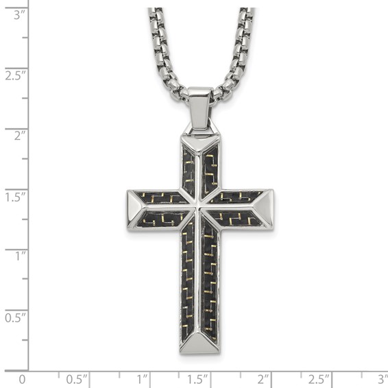Chisel Stainless Steel Polished with Black Carbon Fiber Inlay Cross Pendant on a 22 inch Box Chain Necklace