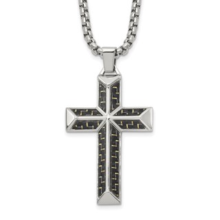 Chisel Stainless Steel Polished with Black Carbon Fiber Inlay Cross Pendant on a 22 inch Box Chain Necklace