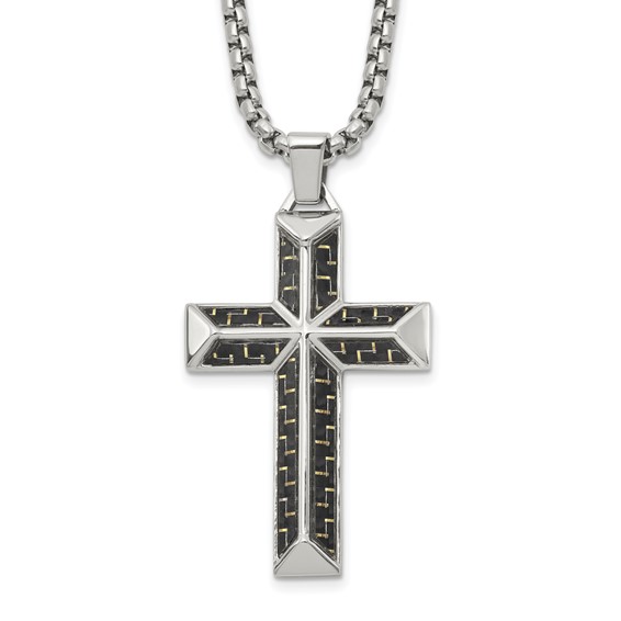 Chisel Stainless Steel Polished with Black Carbon Fiber Inlay Cross Pendant on a 22 inch Box Chain Necklace