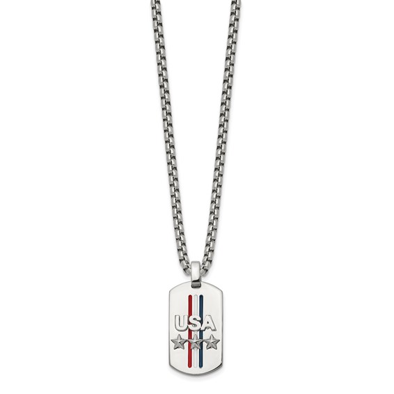 Chisel Stainless Steel Polished Enameled USA and Stars Dog Tag on a 22 inch Box Chain Necklace