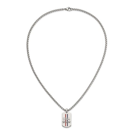 Chisel Stainless Steel Polished Enameled USA and Stars Dog Tag on a 22 inch Box Chain Necklace