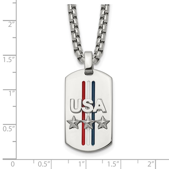 Chisel Stainless Steel Polished Enameled USA and Stars Dog Tag on a 22 inch Box Chain Necklace