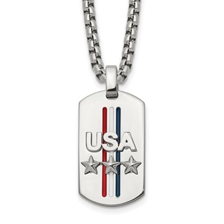 Chisel Stainless Steel Polished Enameled USA and Stars Dog Tag on a 22 inch Box Chain Necklace