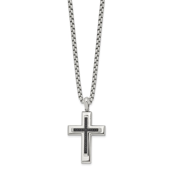 Chisel Stainless Steel Polished with Black CZ Cross Pendant on a 22 inch Box Chain Necklace