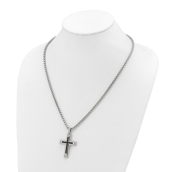 Chisel Stainless Steel Polished with Black CZ Cross Pendant on a 22 inch Box Chain Necklace