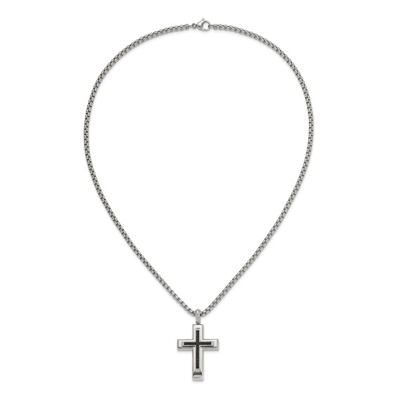 Chisel Stainless Steel Polished with Black CZ Cross Pendant on a 22 inch Box Chain Necklace