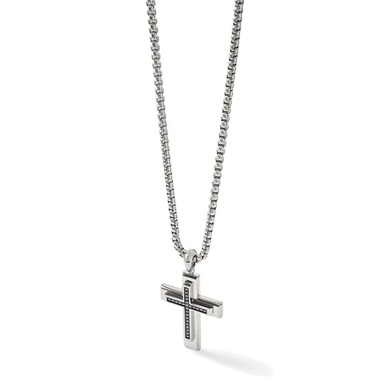 Chisel Stainless Steel Polished with Black CZ Cross Pendant on a 22 inch Box Chain Necklace