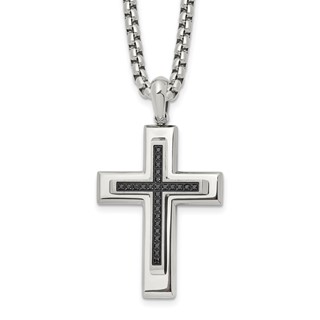 Chisel Stainless Steel Polished with Black CZ Cross Pendant on a 22 inch Box Chain Necklace
