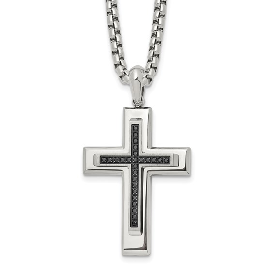 Chisel Stainless Steel Polished with Black CZ Cross Pendant on a 22 inch Box Chain Necklace