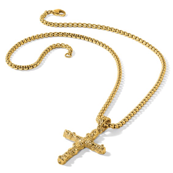 Chisel Stainless Steel Polished and Textured Yellow IP-plated Nugget Cross Pendant on a 22 inch Box Chain Necklace