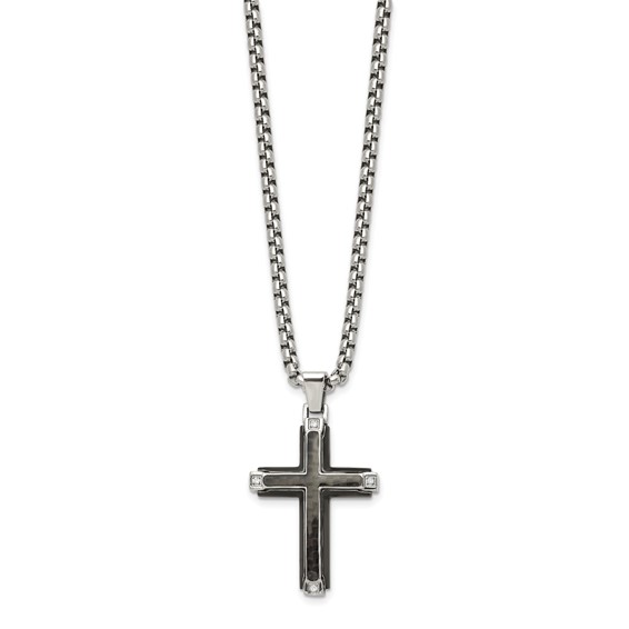 Chisel Stainless Steel Polished with CZ and Black Carbon Fiber Inlay Cross Pendant on a 22 inch Box Chain Necklace