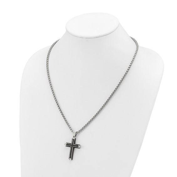 Chisel Stainless Steel Polished with CZ and Black Carbon Fiber Inlay Cross Pendant on a 22 inch Box Chain Necklace