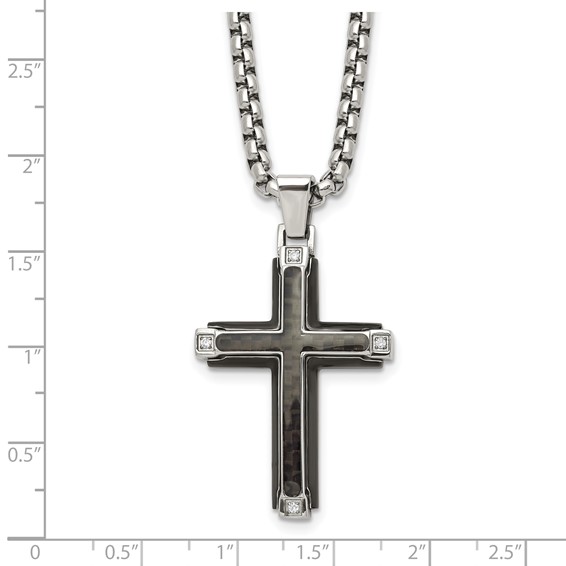 Chisel Stainless Steel Polished with CZ and Black Carbon Fiber Inlay Cross Pendant on a 22 inch Box Chain Necklace