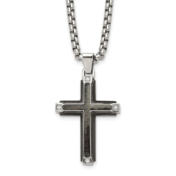 Chisel Stainless Steel Polished with CZ and Black Carbon Fiber Inlay Cross Pendant on a 22 inch Box Chain Necklace