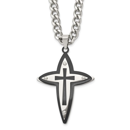 Chisel Stainless Steel Polished Black IP-plated Cross Pendant on a Curb Chain Necklace, 22"
