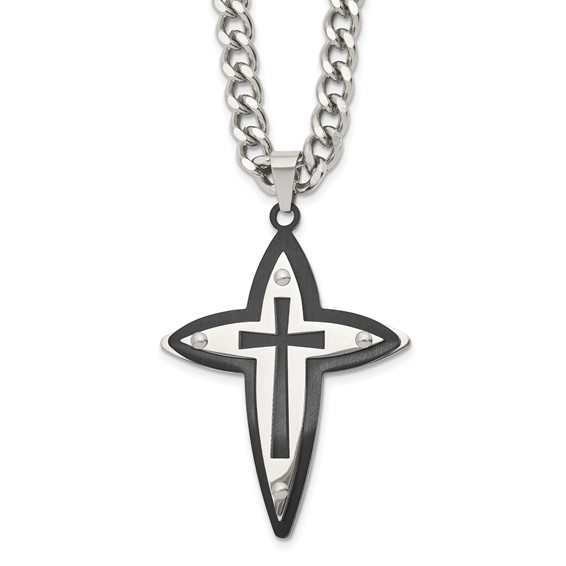 Chisel Stainless Steel Polished Black IP-plated Cross Pendant on a 22 inch Curb Chain Necklace