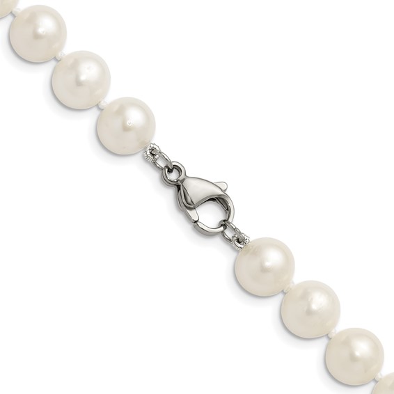 Chisel Stainless Steel Polished 9-10mm Hand Knotted White Round Freshwater Cultured Pearl 24 inch Necklace