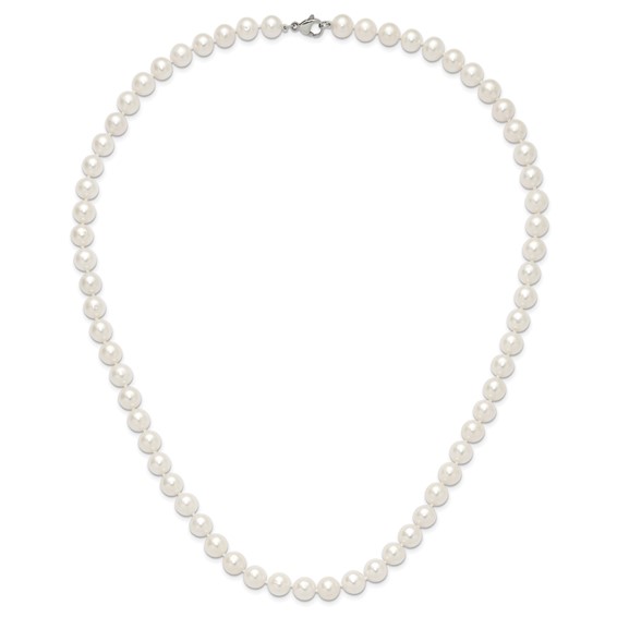 Chisel Stainless Steel Polished 9-10mm Hand Knotted White Round Freshwater Cultured Pearl 24 inch Necklace