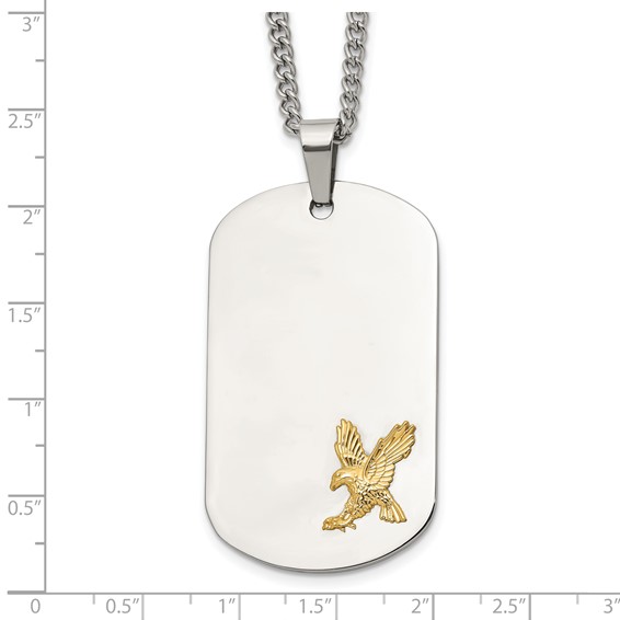 Chisel Stainless Steel Polished with 14K Gold Accent Eagle Dog Tag on a 24 inch Curb Chain Necklace