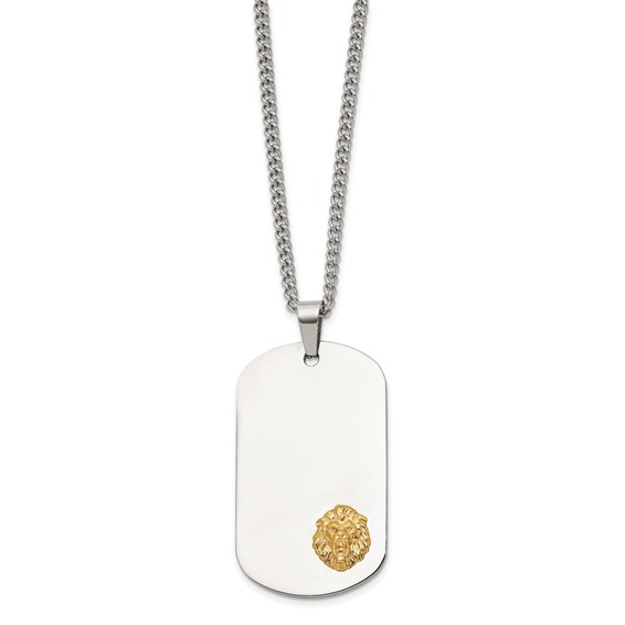 Chisel Stainless Steel Polished with 14K Gold Accent Lion Head Dog Tag on a 24 inch Curb Chain Necklace