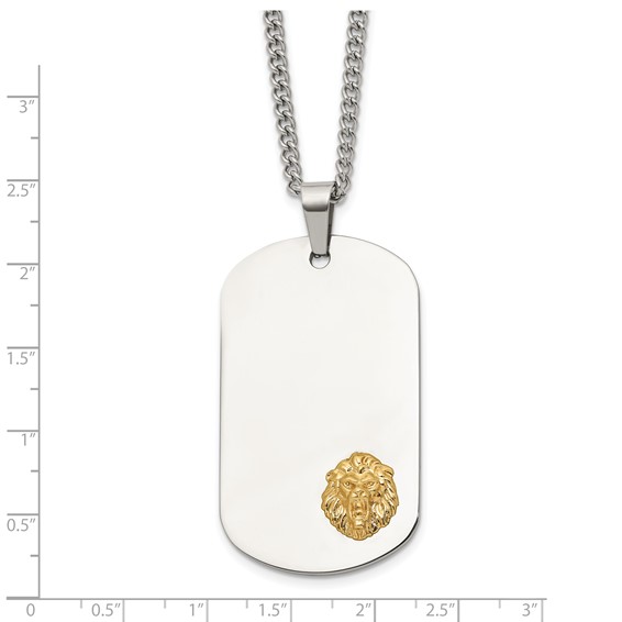 Chisel Stainless Steel Polished with 14K Gold Accent Lion Head Dog Tag on a 24 inch Curb Chain Necklace