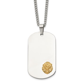 Chisel Stainless Steel Polished with 14K Gold Accent Lion Head Dog Tag on a 24 inch Curb Chain Necklace