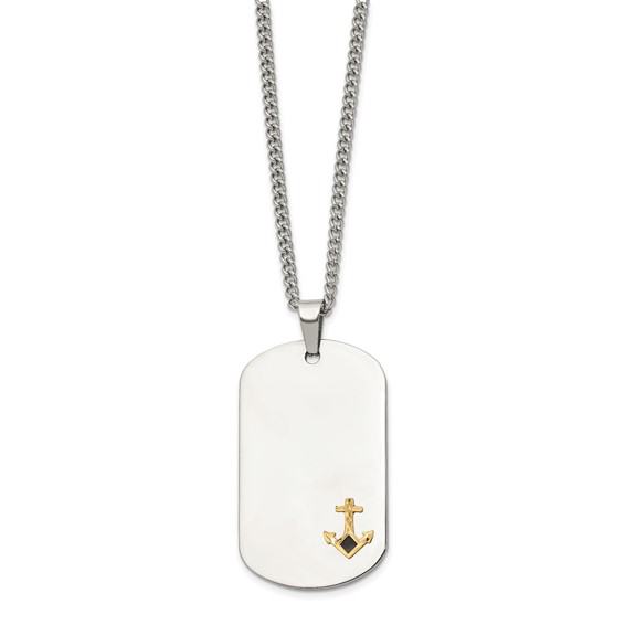 Chisel Stainless Steel Polished with Diamond-cut 14K Gold Accent Anchor with Black Enameled Dog Tag on a 24 inch Curb Chain Necklace
