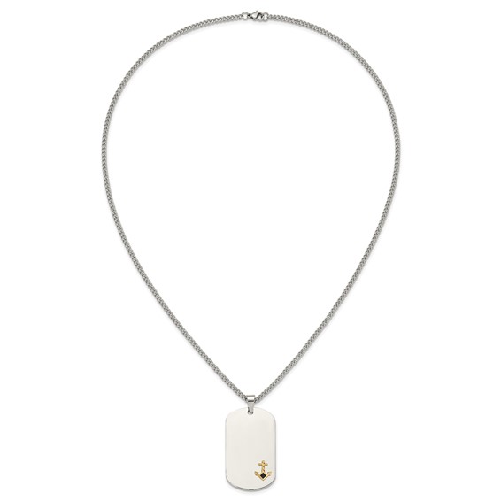 Chisel Stainless Steel Polished with Diamond-cut 14K Gold Accent Anchor with Black Enameled Dog Tag on a 24 inch Curb Chain Necklace