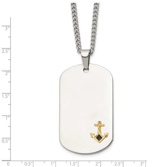 Chisel Stainless Steel Polished with Diamond-cut 14K Gold Accent Anchor with Black Enameled Dog Tag on a 24 inch Curb Chain Necklace