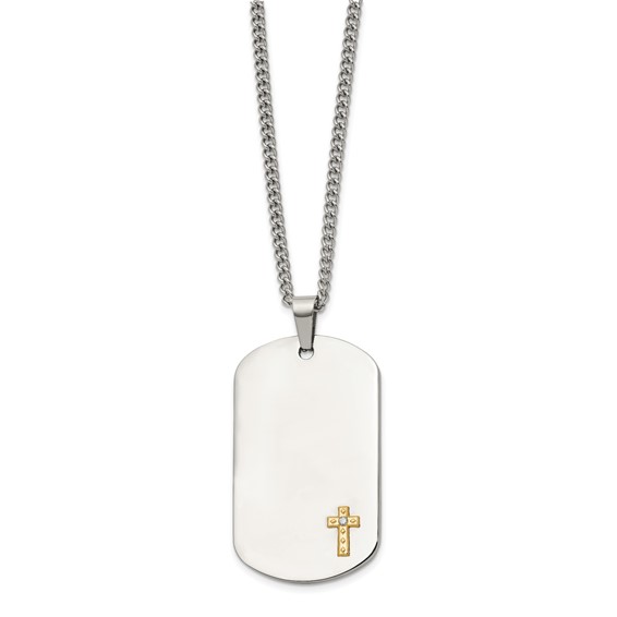 Chisel Stainless Steel Polished with 14K Gold Accent and .02 ct. Diamond Cross Dog Tag on a 24 inch Curb Chain Necklace
