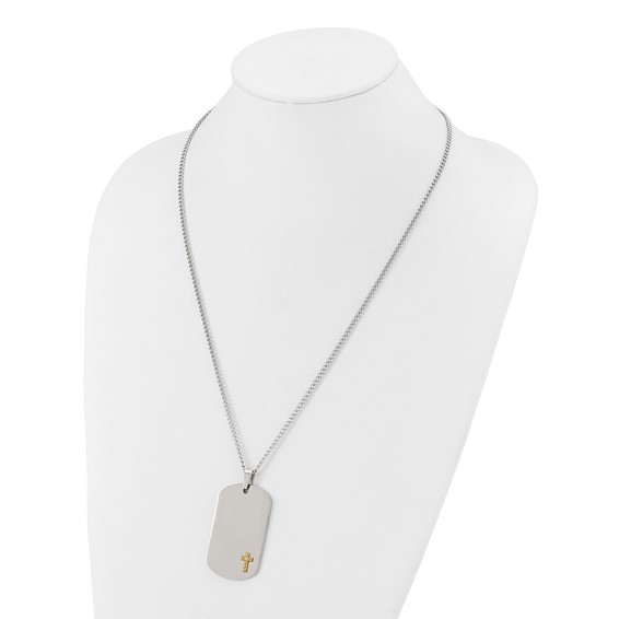 Chisel Stainless Steel Polished with 14K Gold Accent and .02 ct. Diamond Cross Dog Tag on a 24 inch Curb Chain Necklace