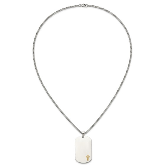 Chisel Stainless Steel Polished with 14K Gold Accent and .02 ct. Diamond Cross Dog Tag on a 24 inch Curb Chain Necklace