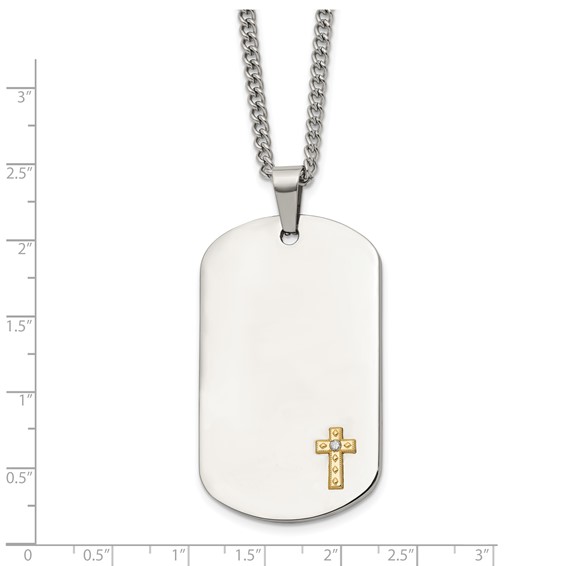 Chisel Stainless Steel Polished with 14K Gold Accent and .02 ct. Diamond Cross Dog Tag on a 24 inch Curb Chain Necklace