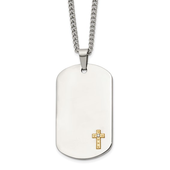 Chisel Stainless Steel Polished with 14K Gold Accent and .02 ct. Diamond Cross Dog Tag on a 24 inch Curb Chain Necklace