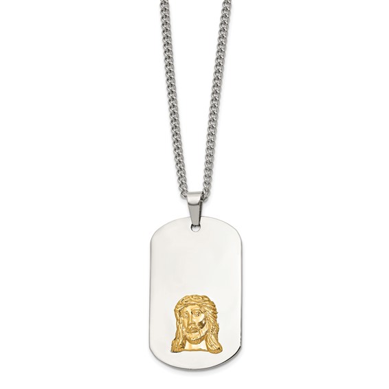 Chisel Stainless Steel Polished with 10K Gold Accent Jesus Face Dog Tag on a 24 inch Curb Chain Necklace