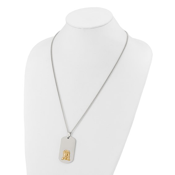 Chisel Stainless Steel Polished with 10K Gold Accent Jesus Face Dog Tag on a 24 inch Curb Chain Necklace