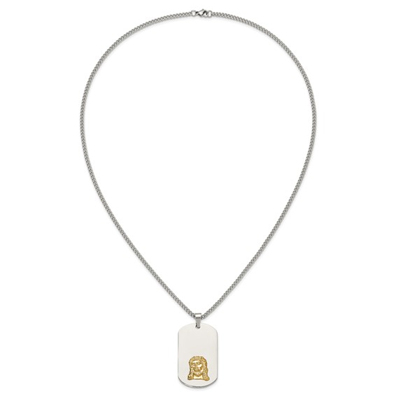 Chisel Stainless Steel Polished with 10K Gold Accent Jesus Face Dog Tag on a 24 inch Curb Chain Necklace