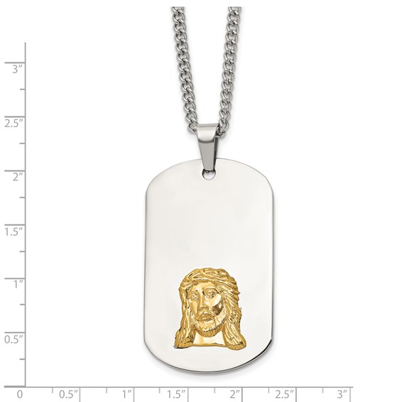 Chisel Stainless Steel Polished with 10K Gold Accent Jesus Face Dog Tag on a 24 inch Curb Chain Necklace