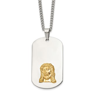 Chisel Stainless Steel Polished with 10K Gold Accent Jesus Face Dog Tag on a 24 inch Curb Chain Necklace