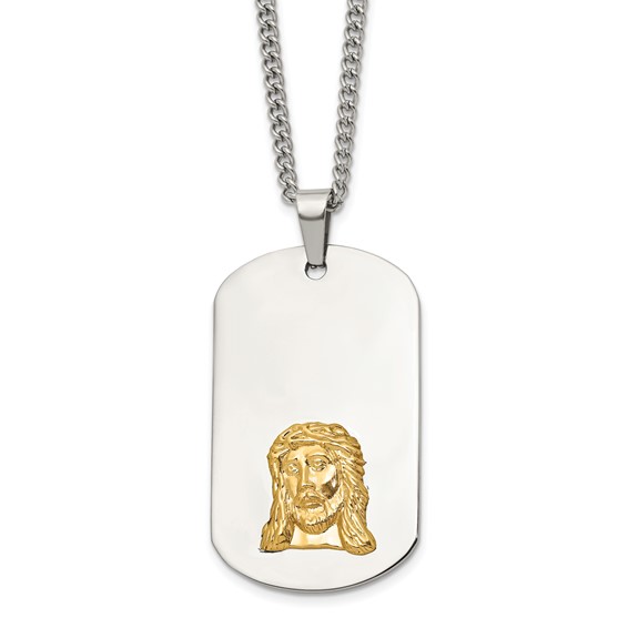 Chisel Stainless Steel Polished with 10K Gold Accent Jesus Face Dog Tag on a 24 inch Curb Chain Necklace