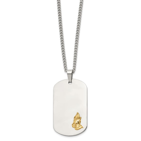 Chisel Stainless Steel Polished with 14K Gold Accent Praying Hands Dog Tag on a 24 inch Curb Chain Necklace