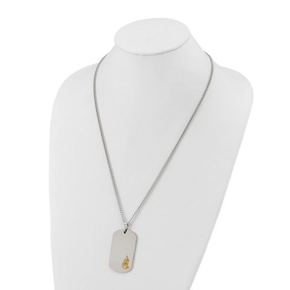 Chisel Stainless Steel Polished with 14K Gold Accent Praying Hands Dog Tag on a 24 inch Curb Chain Necklace