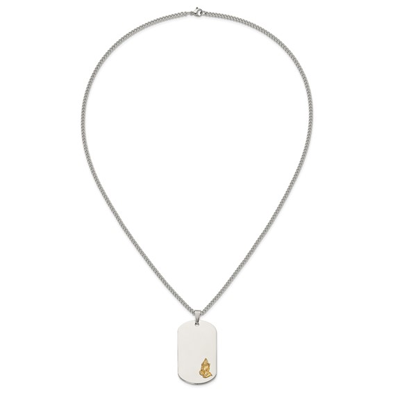 Chisel Stainless Steel Polished with 14K Gold Accent Praying Hands Dog Tag on a 24 inch Curb Chain Necklace