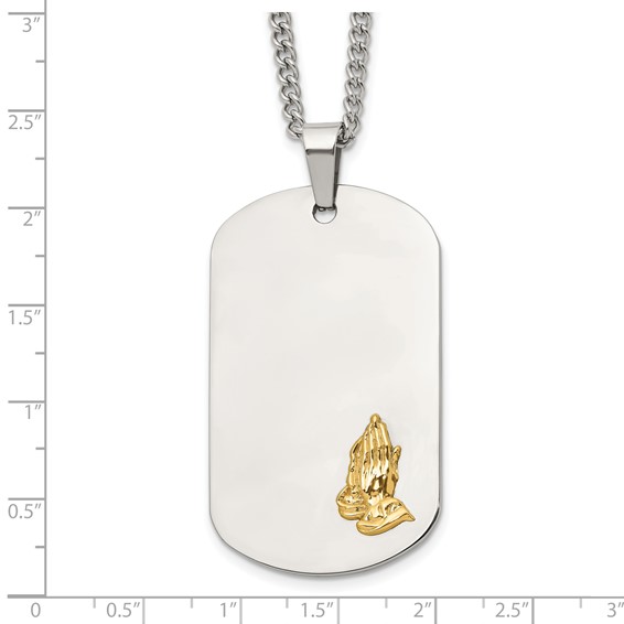 Chisel Stainless Steel Polished with 14K Gold Accent Praying Hands Dog Tag on a 24 inch Curb Chain Necklace
